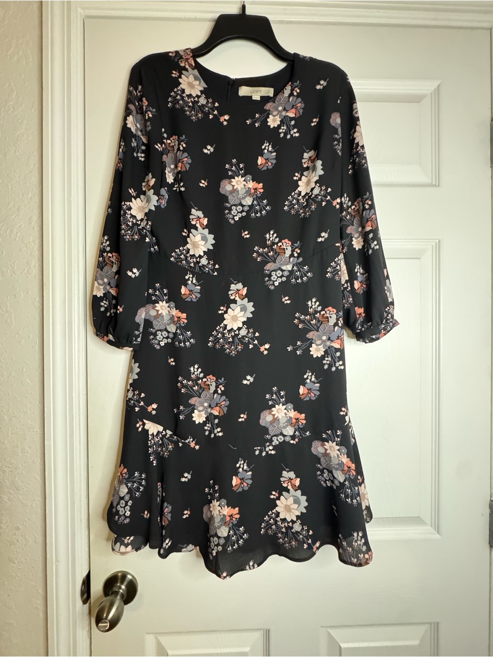 LOFT Black Floral Long-Sleeve A-Line Dress